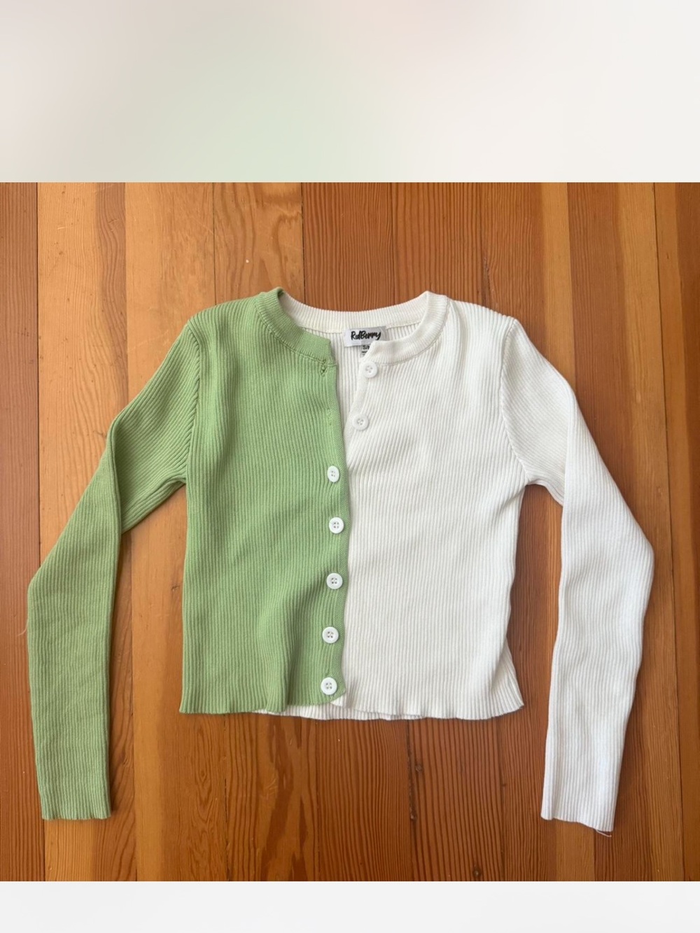 Two-Tone Green & White Ribbed Button Cardigan